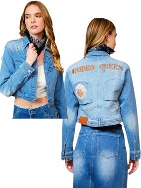 NEW blue b Medium Wash "Rodeo Queen" Embroidered Cowboy Stitch Denim Jean Jacket